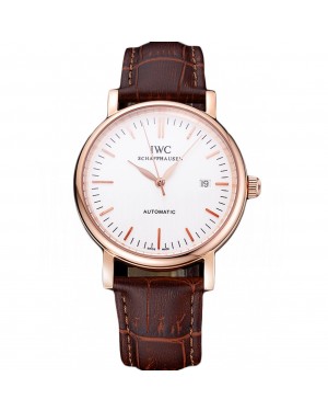 Swiss IWC Portofino Gold Case White Dial Brown Leather Bracelet 622668