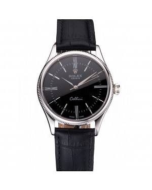 Swiss Rolex Cellini Black Dial Roman Numerals Stainless Steel Case Black Leather Strap