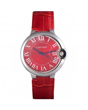 Cartier Ballon Bleu Silver Bezel with Red Dial and Red Leather Band 621556