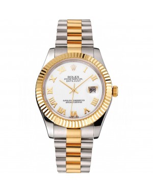 Swiss Rolex Datejust White Dial Roman Numerals Gold Bezel Stainless Steel Case Two Tone Bracelet