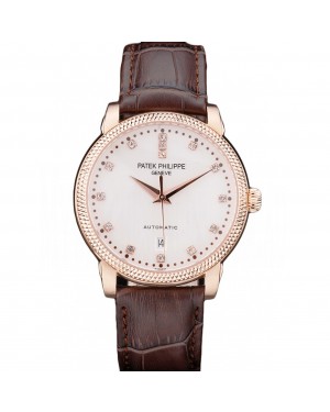 Patek Philippe Swiss Calatrava Ribbed Bezel Grey Dial Brown Leather Strap 7650