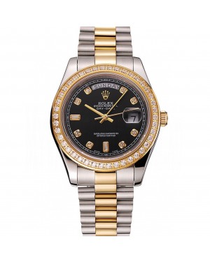 Swiss Rolex Day-Date Black Dial Gold Diamond Case Two Tone Stainless Steel Bracelet 1453976