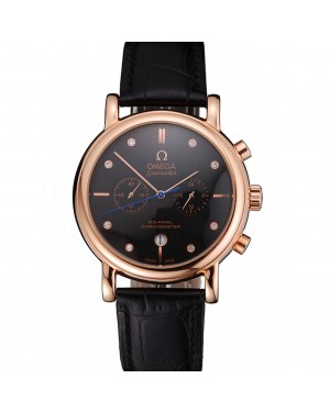 Omega Seamaster Vintage Chronograph Black Dial Diamond Hour Marks Rose Gold Case Black Leather Strap