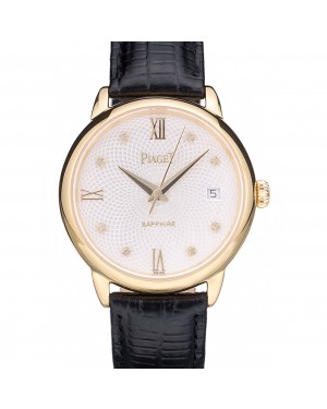 Piaget Swiss Traditional White Radial Pattern Dial Black Leather Strap 7635
