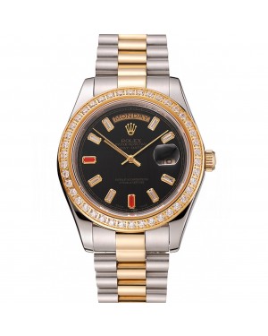 Swiss Rolex Day-Date Diamonds And Rubies Black Dial Two Tone Bracelet 1454105