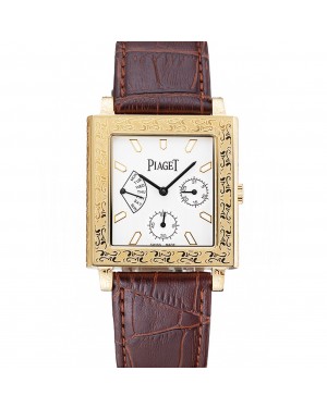 Piaget Emperador Limited Edition White Dial Engraved Gold Case Brown Leather Bracelet 1454139