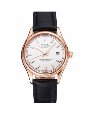 Swiss Rolex Datejust White Dial Rose Gold Case Black Leather Strap