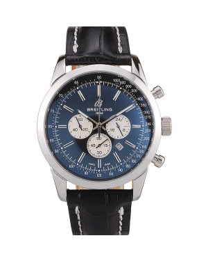 Breitling Transocean Black Dial Black Leather Strap Polished Stainless Steel Bezel
