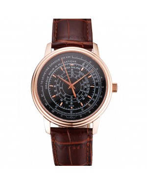 Swiss Patek Philippe Multi-Scale Chronograph Black Dial Rose Gold Case Brown Leather Strap