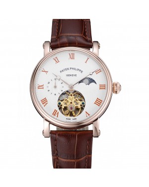 Patek Philippe Complications Moonphase Tourbillon White Dial Rose Gold Case Brown Leather Strap