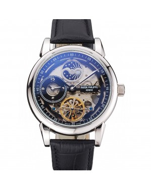 Patek Philippe Dual Time Moonphase Tourbillon Black Skeletonised Dial Stainless Steel Case Black Leather Strap