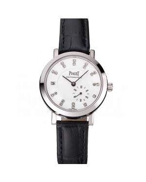 Swiss Piaget Altiplano Date Automatic White Dial Diamond Markers Stainless Steel Case Black Leather Strap