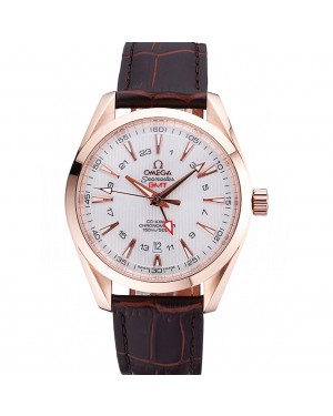 Omega Seamaster Planet Ocean GMT White Dial Rose Gold Case Brown Leather Band 622400