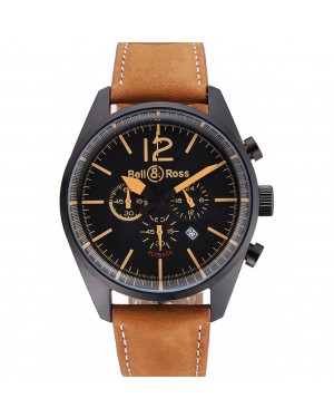 Bell and Ross BR126 Flyback Black Dial Black Case Gold Numerals Brown Suede Leather Strap