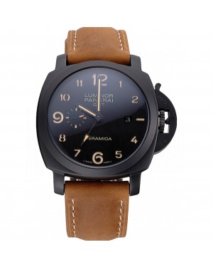 Panerai Luminor 1950 GMT Ceramica Black Dial Matte Black Case Brown Suede Leather Strap