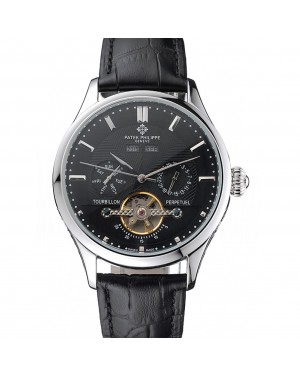 Patek Philippe Day Date Tourbillon Black Dial Stainless Steel Case Black Leather Strap 622839