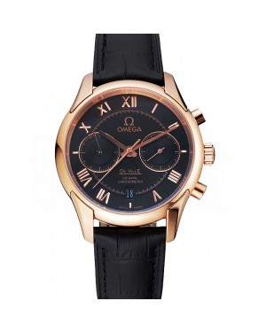 Omega DeVille Rose Gold Bezel with Black Dial and Black Leather Strap 621569