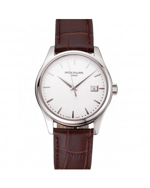 Swiss Patek Philippe Calatrava White Dial Stainless Steel Case Brown Leather Strap