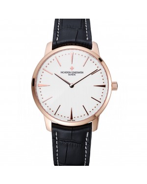 Swiss Vacheron Constantin Patrimony White Dial Rose Gold Case Black Leather Bracelet 1454165