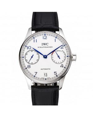 Swiss IWC Portuguese White Dial Blue Numerals Silver Case Black Leather Bracelet 1453913