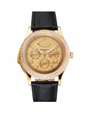 Swiss Patek Philippe Grand Complications Power Reserve Gold Dial And Case Diamond Bezel Black Leather Strap