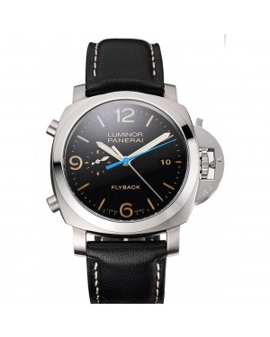 Swiss Panerai Luminor Flyback Chronograph Black Dial Stainless Steel Case Black Leather Strap