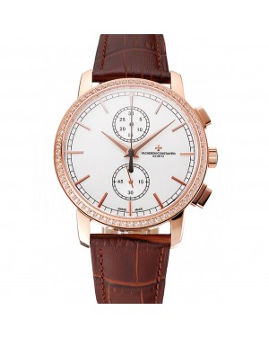 Swiss Vacheron Constantin Patrimony Traditionnelle Chronograph White Dial Diamond Bezel Rose Gold Case Brown Leather Strap 1453764