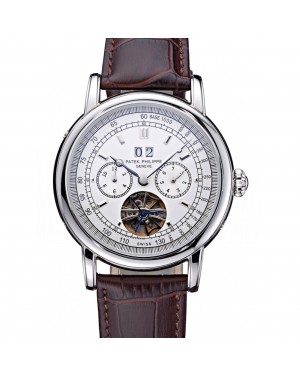 Patek Philippe Geneve Grand Complications White Dial Tourbillon Stainless Steel Bezel Brown Band 622154