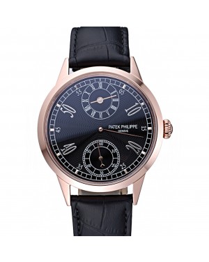 Patek Philippe Geneve Two Dial Black Dial Rose Gold Bezel Black Leather Band 622146