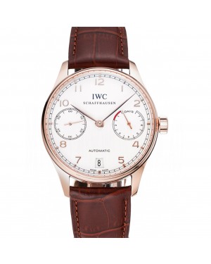 Swiss IWC Portuguese White Dial Gold Numerals Gold Case Brown Leather Bracelet 1453916