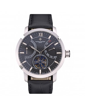 Vacheron Constantin Tourbillon Black Dial Stainless Steel Case Black Leather Bracelet