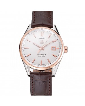 Swiss Tag Heuer Carrera Calibre 5 White Dial Rose Gold Case Brown Leather Strap