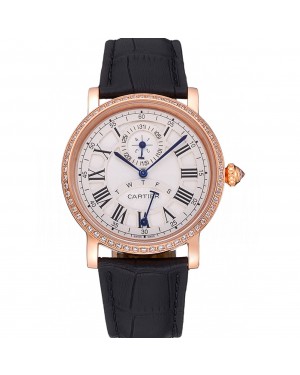 Cartier Rotonde White Dial Gold Case With Jewels Black Leather Strap 622760