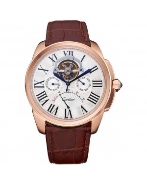 Cartier Calibre Tourbillon White Dial Gold Case Brown Leather Strap 622753