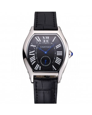 Cartier Tortue Large Date Black Dial Stainless Steel Case Black Leather Strap