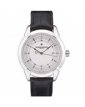 Swiss Vacheron Constantin Traditionnelle White Dial Roman Numerals Black Leather Bracelet