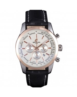 Breitling Transocean White Dial Black Leather Strap Rose Gold Bezel 98205