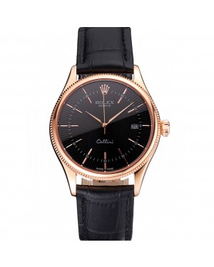 Swiss Rolex Cellini Date Black Dial Rose Gold Markings Rose Gold Case Black Leather Strap