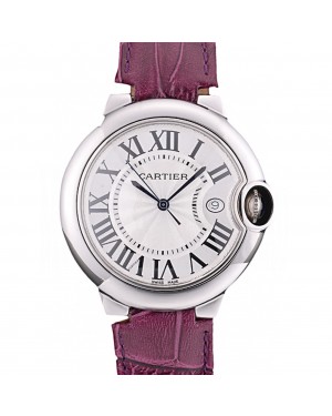 Cartier Ballon Bleu 38mm White Dial Stainless Steel Case Purple Leather Bracelet