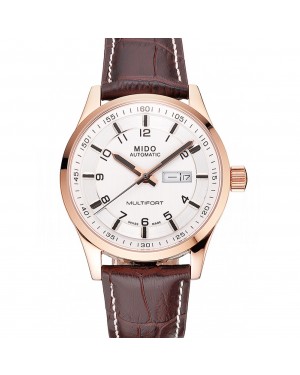 Mido Multifort Brown Croco Leather Strap White-Silver Dial 80300