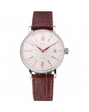 IWC Portofino Silver Dial Stainless Steel Case Diamonds Bezel Brown Leather Strap