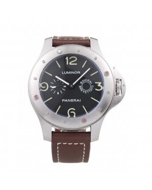 Panerai Luminor Brushed Stainless Steel Case Black Dial Dark Brown Leather Strap
