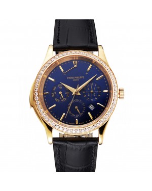 Swiss Patek Philippe Grand Complications Perpetual Calendar Blue Dial Gold Case Diamond Bezel Black Leather Strap
