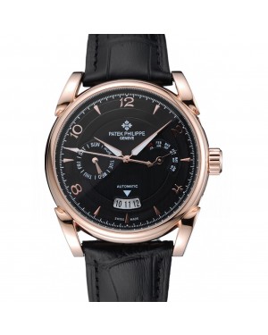 Patek Philippe Complications Chronograph Black Dial Gold Case Black Leather Bracelet 1454235