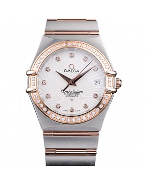 Omega Swiss Constellation Jewelry Diamond Case Radial Emblem White Dial