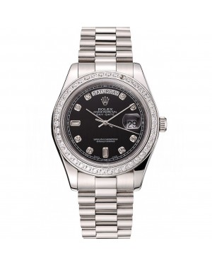 Swiss Rolex Day-Date Black Dial Diamond Case Diamond Numerals Stainless Steel Bracelet 1453966