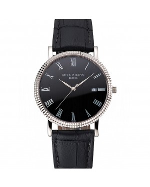 Patek Philippe Calatrava Black Dial Roman Numerals Ribbed Bezel Stainless Steel Case Black Leather Strap