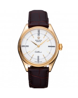 Rolex Cellini White Dial Gold Case Brown Leather Strap 622833