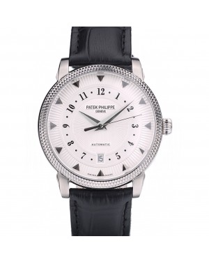Patek Philippe Swiss Calatrava Ribbed Bezel White Dial Black Leather Strap 7657