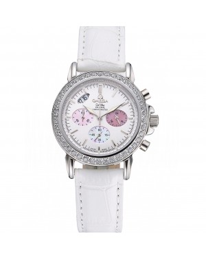 Omega De Ville Chronograph White Dial Stainless Steel Diamond Case White Leather Bracelet 622453